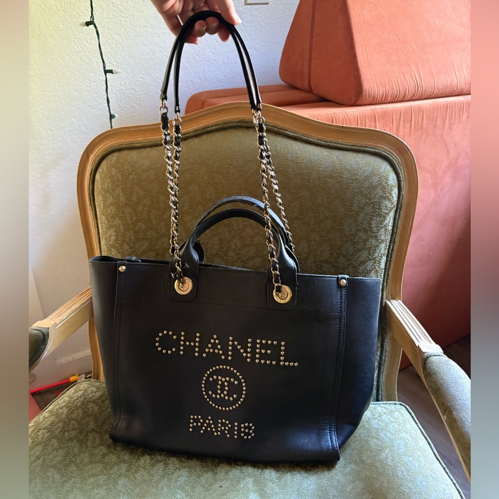 Authentic CHANEL Caviar Deauville GOLD STUDDED Leather Tote Bag Medium
